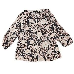 Banana Republic Blouse Women Medium Black Orange Floral Print Top Long Sleeve